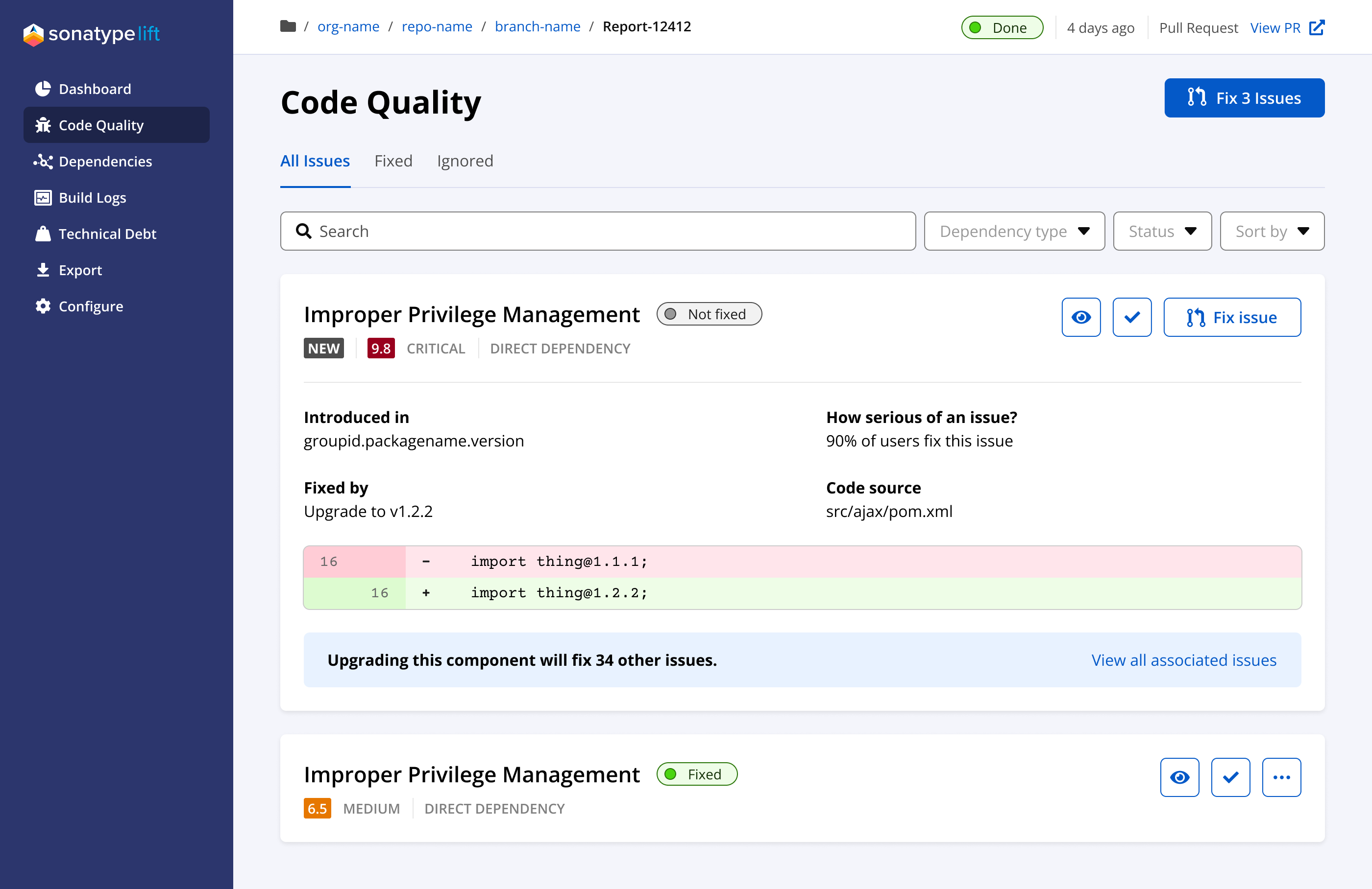Sonatype Lift application interface showing dependency management