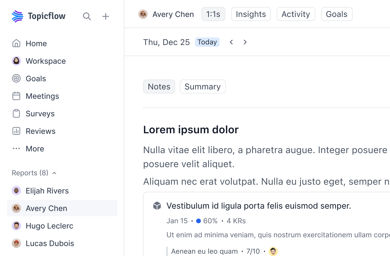 1:1 view showing direct report sidebar and meeting notes