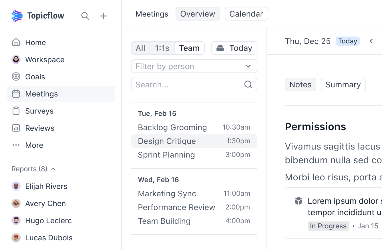 Meetings page showing recurring team meetings and calendar view