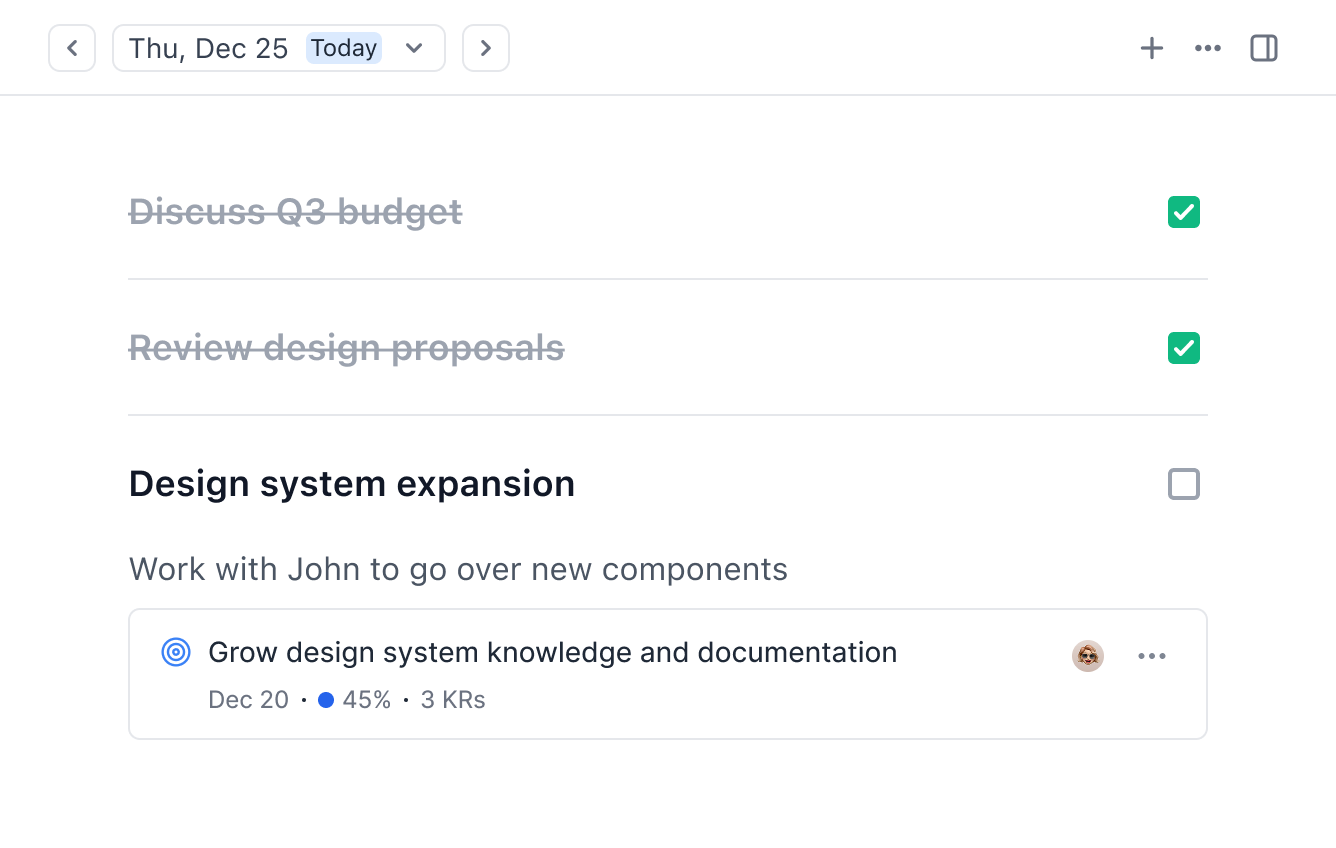Meeting topics with resolved items crossed off and active discussions linked to goals